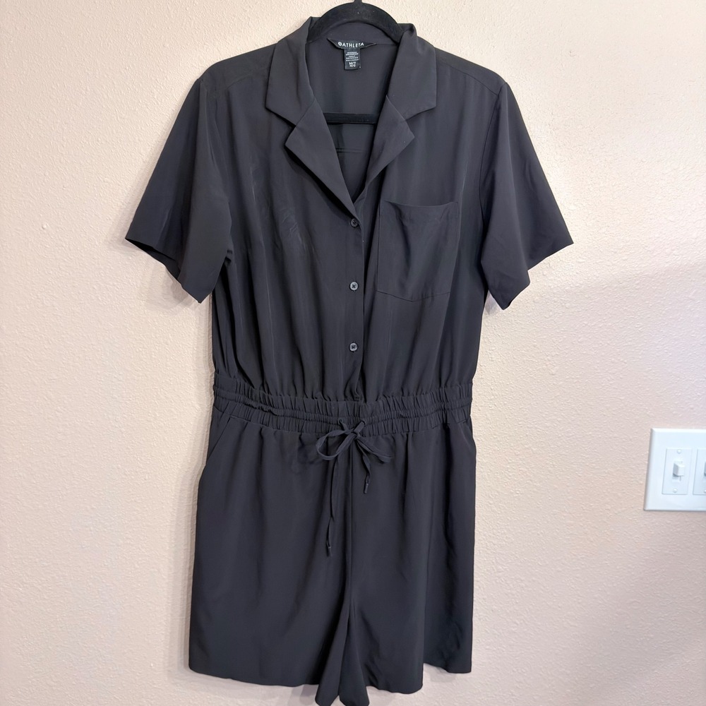 Athleta Avenue Romper Black Short Sleeve Button Front Drawstring Waist Med Tall